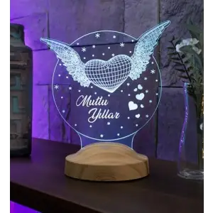 Mutlu Yıllar Hediyesi Kanatlı Kalp 3d Led Lamba