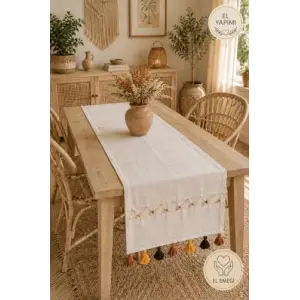 Nakışlı Püsküllü Masa Runner Dekoratif Sofra Tekstili