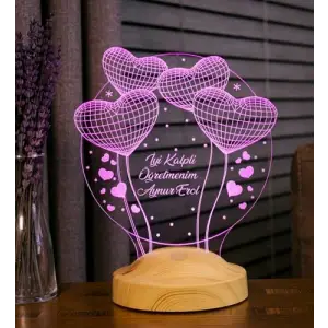 Öğretmene Özel Balon Kalpli 3D LED Gece Lambası, İsimli