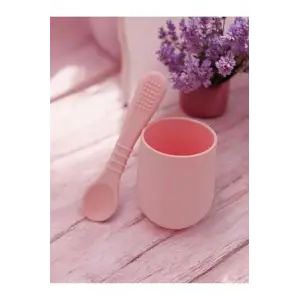 Silikon 2li Bebek Alıştırma Bardağı ve Kaşığı Pembe