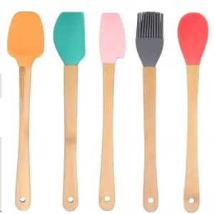 Silikon Spatula ve Fırça Seti, 5 Parça, Karışık Renkli, Bambu Saplı