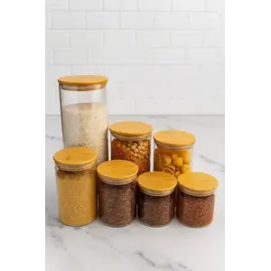 Sona - 7 Parça Bambu Kapaklı Cam Saklama Kabı