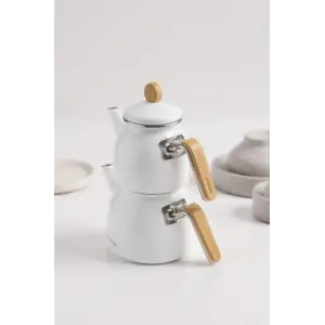 Sultan - Bambu Kulplu Emaye Çaydanlık Takımı Beyaz