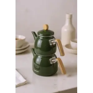 Sultan - Bambu Kulplu Emaye Çaydanlık Takımı Koyu Yeşil