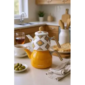 Unique - Bambu Kulplu Emaye Çaydanlık Takımı Hardal