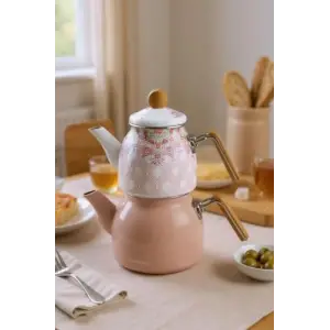 Unique - Bambu Kulplu Emaye Çaydanlık Takımı Pembe