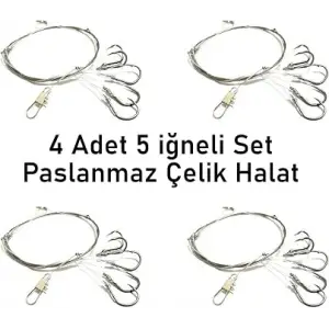 Valkyrie 5 İğneli Paslanmaz Çelik Halatlı Dip Hırsız Olta Takımı 4’lü Set 10# Karbon Çelik İğne