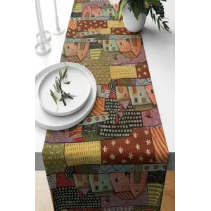 Yaz Evi Desenli Patchwork Leke Tutmaz Kumaş Runner, Kiremit 40 x 140