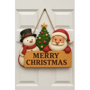 Yılbaşı Ahşap Kapı Süsü Noel Babalı Ahşap Kapı Yılbaşı Kapı Süsü Dış Mekan Süslemeleri Noel Çelengi (30-18 cm)