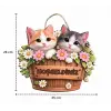 28-25 cm Hoş Geldin Kedi Çiçek Dekorlu Ahşap Kapı Süsü