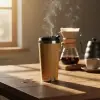 450 ml bambu kaplama tabanlı çelik termos bardak, gümüş renk