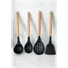 Silikon Bambu Saplı 4 Parça Mutfak Servis Seti Siyah (KEPÇE-KAŞIK-KEVGİR-SPATULA)