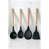 Silikon Bambu Saplı 4 Parça Mutfak Servis Seti Siyah (KEPÇE-KAŞIK-KEVGİR-SPATULA)
