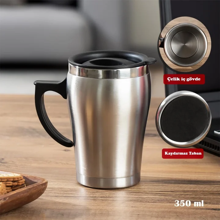05550 Paslanmaz Çelik Kupa Sızdırmaz Çelik Termos Araç Termosu El Termosu Yalıtımlı Bardak 350ml -Gümüş