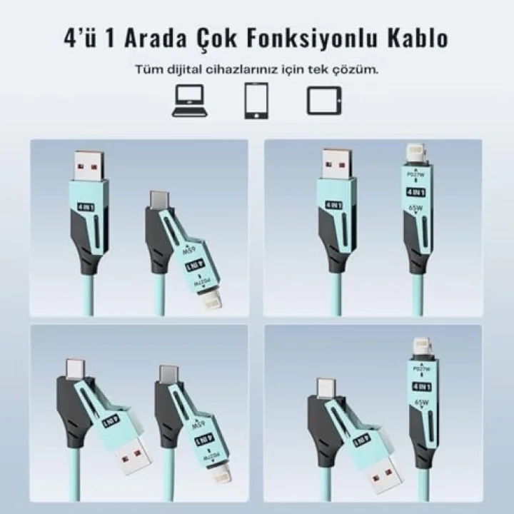 0860 USB Type-C Lightning 4ü 1 Arada 65W PD Hızlı Şarj Data Kablosu 1.5m Spiral Çevirici Akıllı Hibrit Bağlantı (4-in-1)