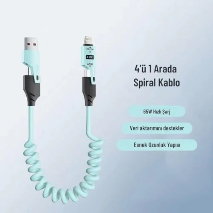 0860 USB Type-C Lightning 4ü 1 Arada 65W PD Hızlı Şarj Data Kablosu 1.5m Spiral Çevirici Akıllı Hibrit Bağlantı (4-in-1)