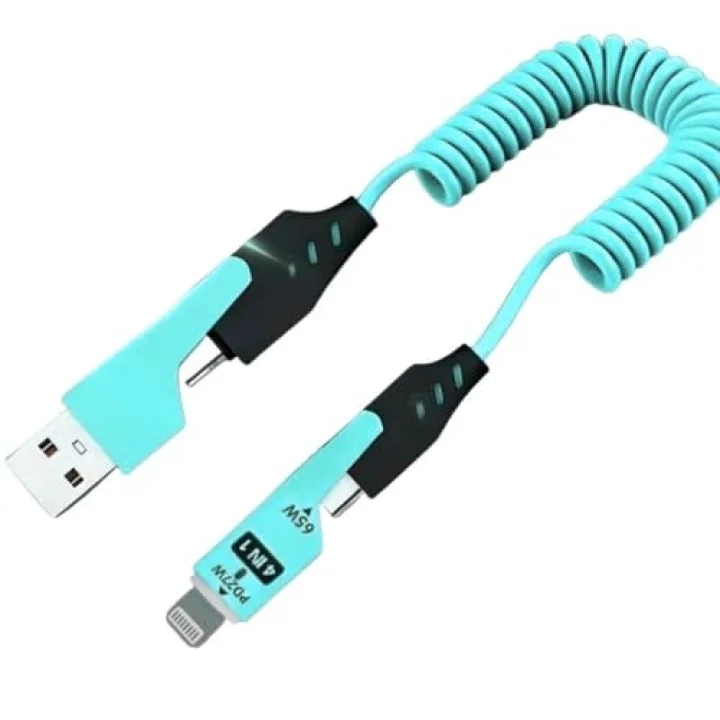0860 USB Type-C Lightning 4ü 1 Arada 65W PD Hızlı Şarj Data Kablosu 1.5m Spiral Çevirici Akıllı Hibrit Bağlantı (4-in-1)