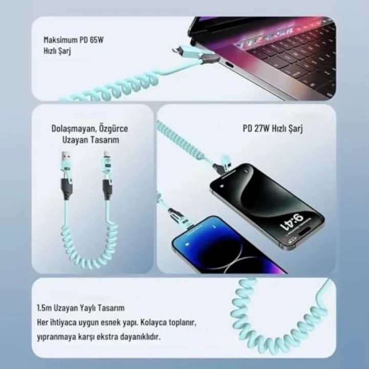 0860 USB Type-C Lightning 4ü 1 Arada 65W PD Hızlı Şarj Data Kablosu 1.5m Spiral Çevirici Akıllı Hibrit Bağlantı (4-in-1)