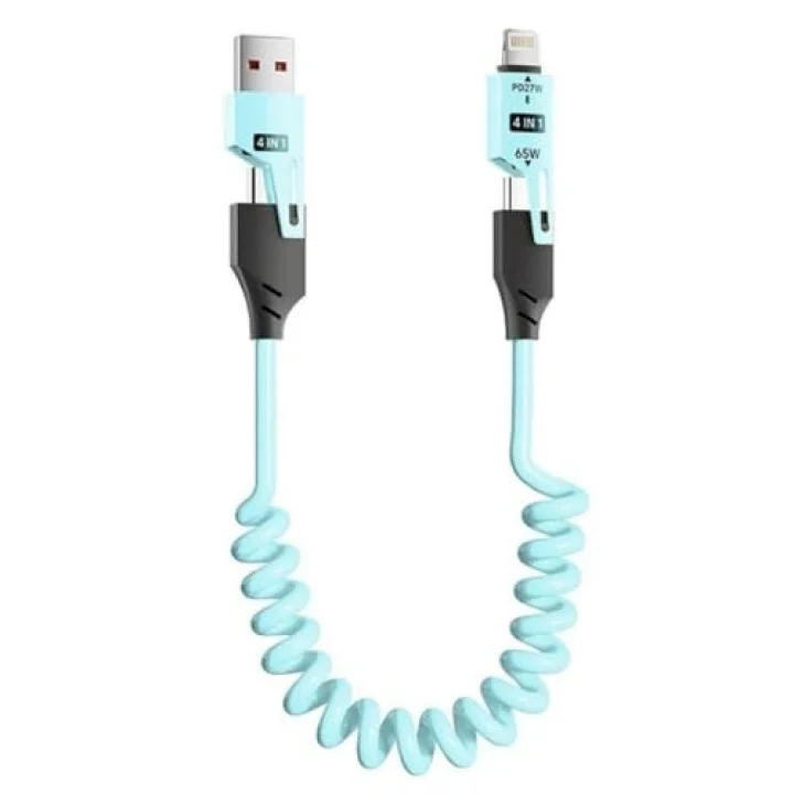 0860 USB Type-C Lightning 4ü 1 Arada 65W PD Hızlı Şarj Data Kablosu 1.5m Spiral Çevirici Akıllı Hibrit Bağlantı (4-in-1)