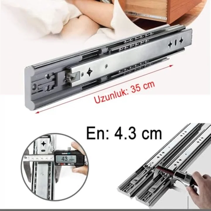 (1 Çift) Frenli Teleskopik Çekmece Rayı Bilyalı Dolap Çekmecesi Ray Metal En 4.3 cm Uzunluk 35 cm