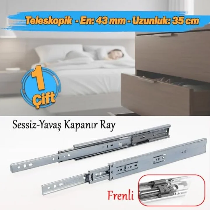 (1 Çift) Frenli Teleskopik Çekmece Rayı Bilyalı Dolap Çekmecesi Ray Metal En 4.3 cm Uzunluk 35 cm