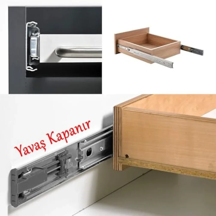 (1 Çift) Frenli Teleskopik Çekmece Rayı Bilyalı Dolap Çekmecesi Ray Metal En 4.3 cm Uzunluk 35 cm