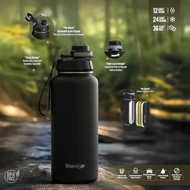1 Hand Leak-Proof Sızdırmaz Çelik Termos 1000 Ml Black ST-210
