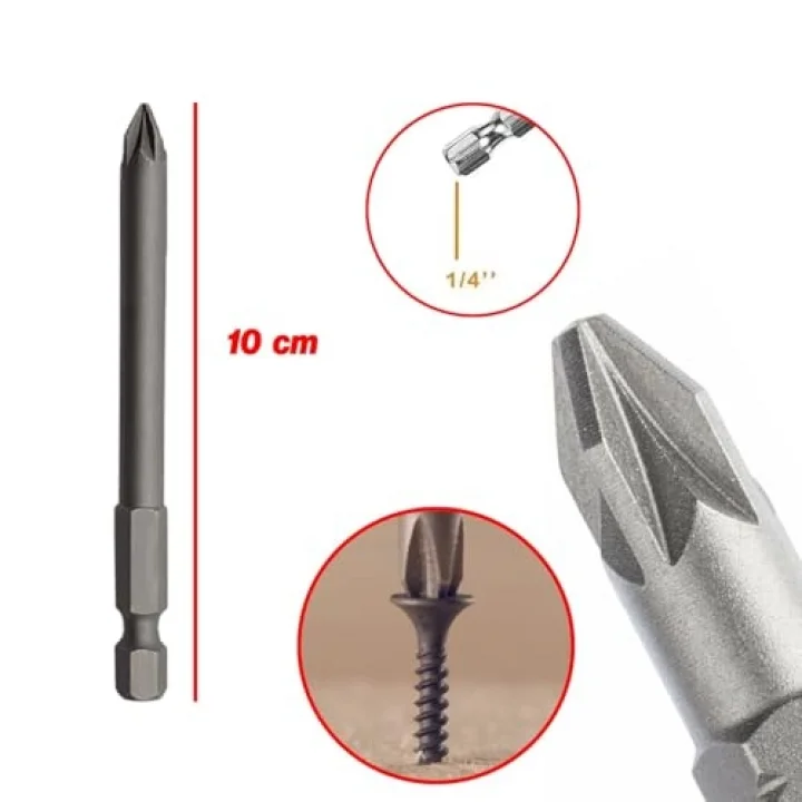 (10lu SET) Mıknatıslı Pozidriv Bits Uç PZ2 100 mm Kutulu Manyetik 1/4 Matkap Ucu 10 cm