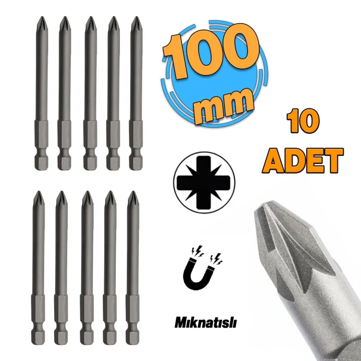 (10lu SET) Mıknatıslı Pozidriv Bits Uç PZ2 100 mm Kutulu Manyetik 1/4 Matkap Ucu 10 cm