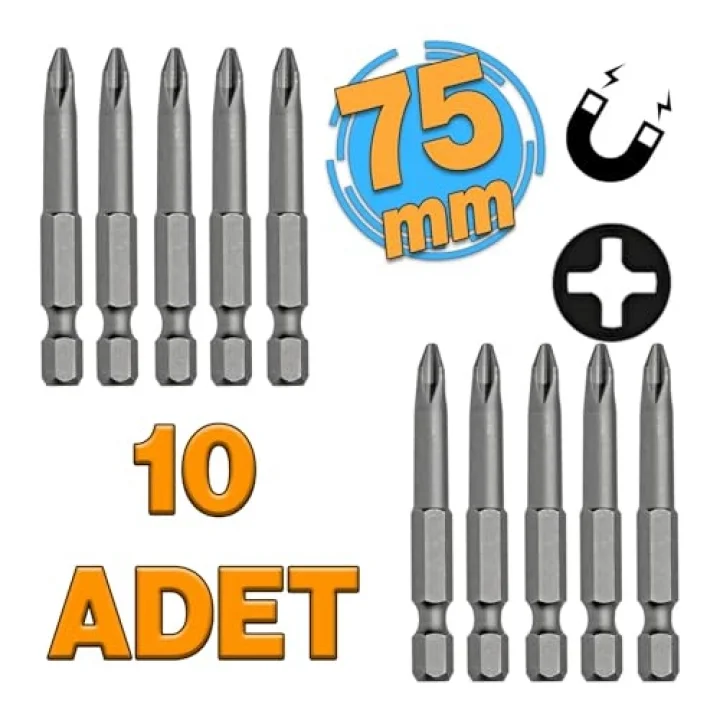(10lu SET) Mıknatıslı Yıldız PH2 Bits Uç 75 mm Kutulu Manyetik 1/4 Matkap Ucu 7.5 cm Uzunluk
