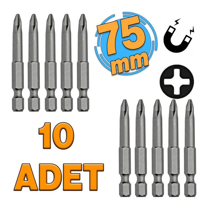 (10lu SET) Mıknatıslı Yıldız PH2 Bits Uç 75 mm Kutulu Manyetik 1/4 Matkap Ucu 7.5 cm Uzunluk