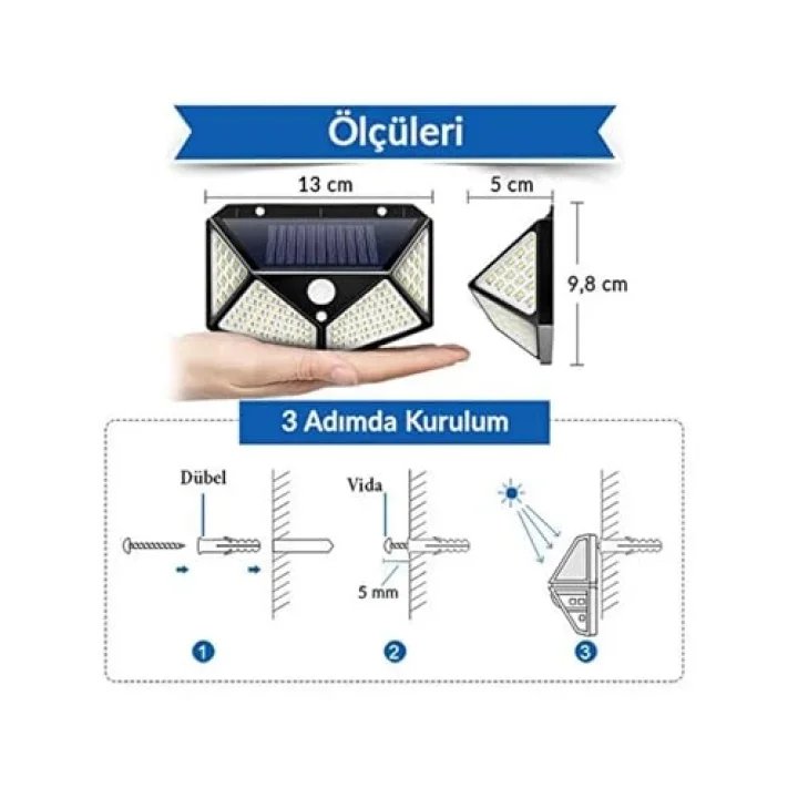 100 LEDli Güneş Enerjili Solar Duvar Apliği - 1200 Lümen Hareket Sensörlü 3 Modlu Bahçe Aydınlatması, Duvar Armatürü IP65 Su Geçirmez, 270° Geniş Açı, Siyah