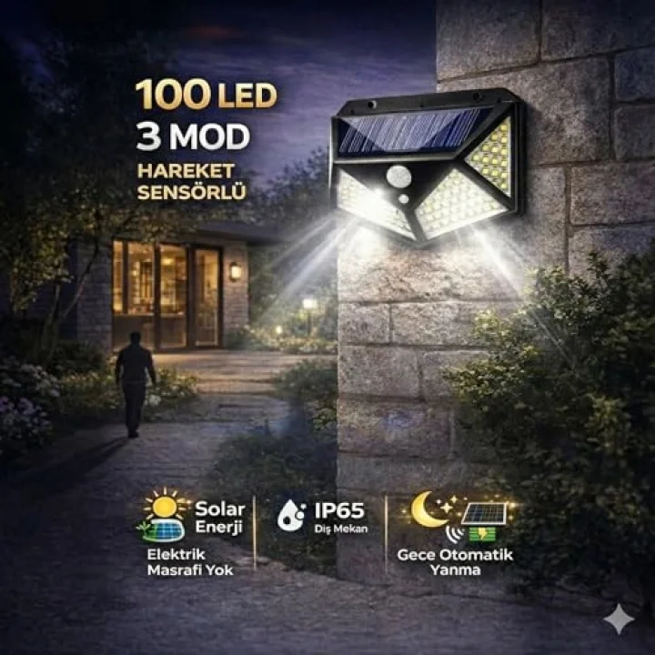 100 LEDli Güneş Enerjili Solar Duvar Apliği - 1200 Lümen Hareket Sensörlü 3 Modlu Bahçe Aydınlatması, Duvar Armatürü IP65 Su Geçirmez, 270° Geniş Açı, Siyah
