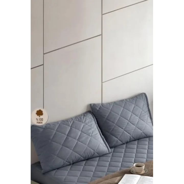 %100 Pamuk Kapitone Yastık Koruyucu Kılıf 2 Adet 50 x 70 (Gri)