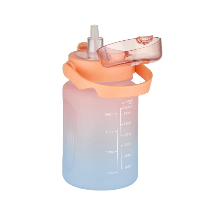 1000 ml Pipetli/Pipetsiz Kullanım Çift Renk SoftTouch Motivasyon Matarası Sticker Hediyeli