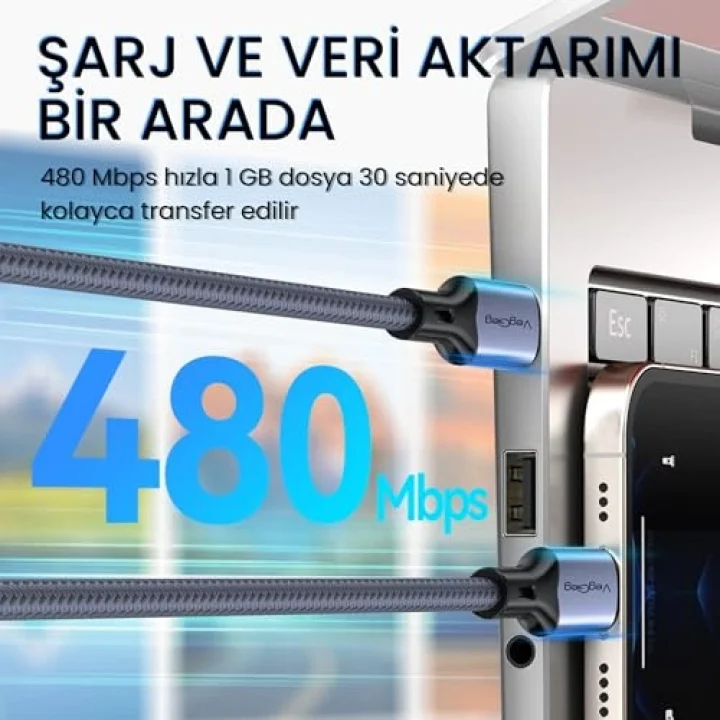 100W 5A E-Mark Çipli PD Type-C to Type-C Hızlı Şarj ve Data Kablosu 1.2 Metre