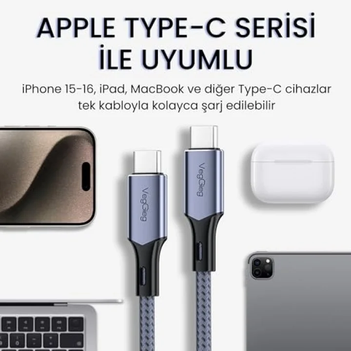 100W 5A E-Mark Çipli PD Type-C to Type-C Hızlı Şarj ve Data Kablosu 1.2 Metre