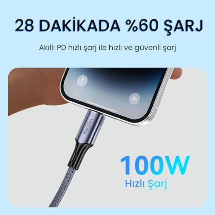 100W 5A E-Mark Çipli PD Type-C to Type-C Hızlı Şarj ve Data Kablosu 2 Metre