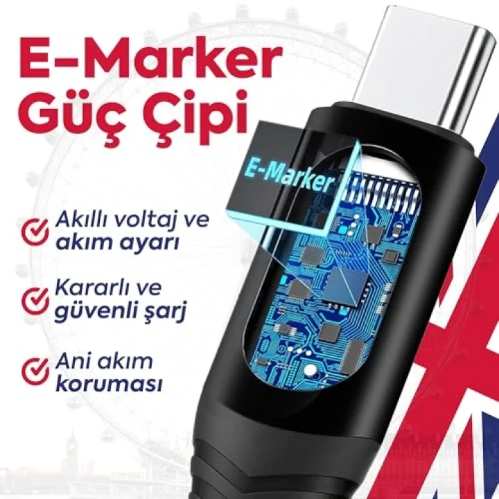 100W Type-C to Type-C Dijital LED Ekranlı Göstergeli Hızlı Şarj Kablosu E-Mark Çipli, Dayanıklı Örgülü, 1.2m, USB-C PD 3.0, iPhone 15 16,17 Xiaomi Telefon, Macbook Tablet ile Uyumlu