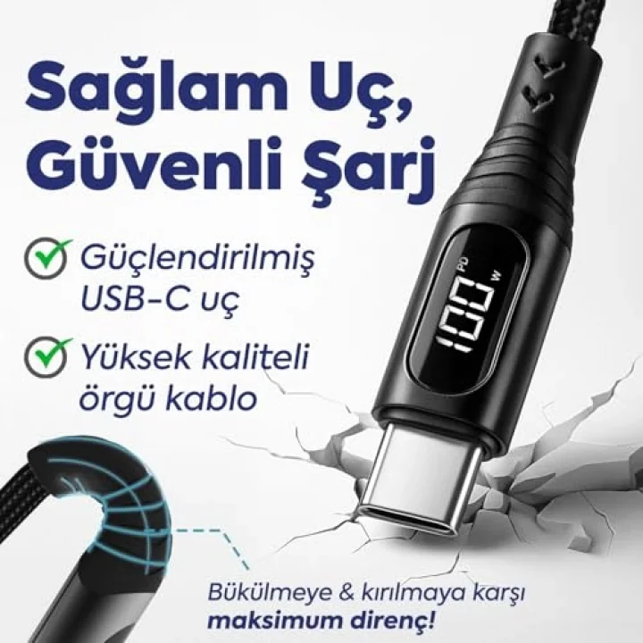 100W Type-C to Type-C Dijital LED Ekranlı Göstergeli Hızlı Şarj Kablosu E-Mark Çipli, Dayanıklı Örgülü, 1.2m, USB-C PD 3.0, iPhone 15 16,17 Xiaomi Telefon, Macbook Tablet ile Uyumlu