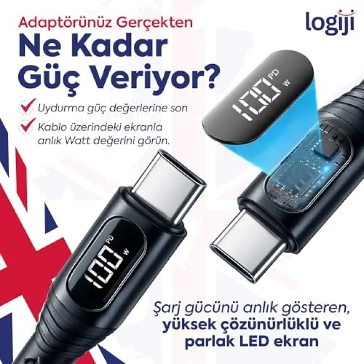 100W Type-C to Type-C Dijital LED Ekranlı Göstergeli Hızlı Şarj Kablosu E-Mark Çipli, Dayanıklı Örgülü, 1.2m, USB-C PD 3.0, iPhone 15 16,17 Xiaomi Telefon, Macbook Tablet ile Uyumlu