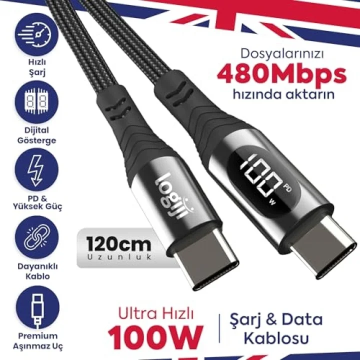 100W Type-C to Type-C Dijital LED Ekranlı Göstergeli Hızlı Şarj Kablosu E-Mark Çipli, Dayanıklı Örgülü, 1.2m, USB-C PD 3.0, iPhone 15 16,17 Xiaomi Telefon, Macbook Tablet ile Uyumlu