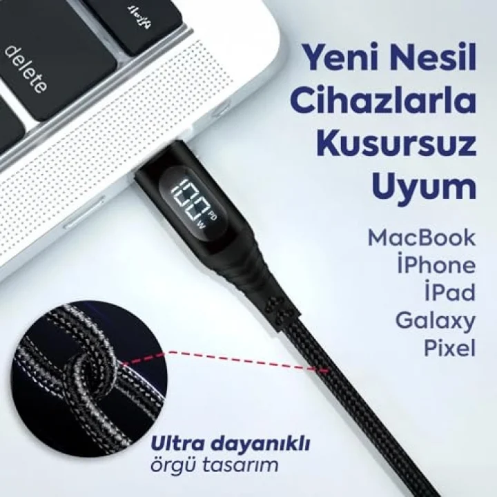 100W Type-C to Type-C Dijital LED Ekranlı Göstergeli Hızlı Şarj Kablosu E-Mark Çipli, Dayanıklı Örgülü, 1.2m, USB-C PD 3.0, iPhone 15 16,17 Xiaomi Telefon, Macbook Tablet ile Uyumlu