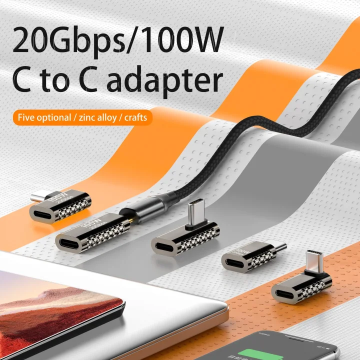 100W USB-C 90 Derece L Tipi Adaptör - 20Gbps Veri Aktarımı, 8K Ultra HD Görüntü Destekli, Dönüştürücü OTGA