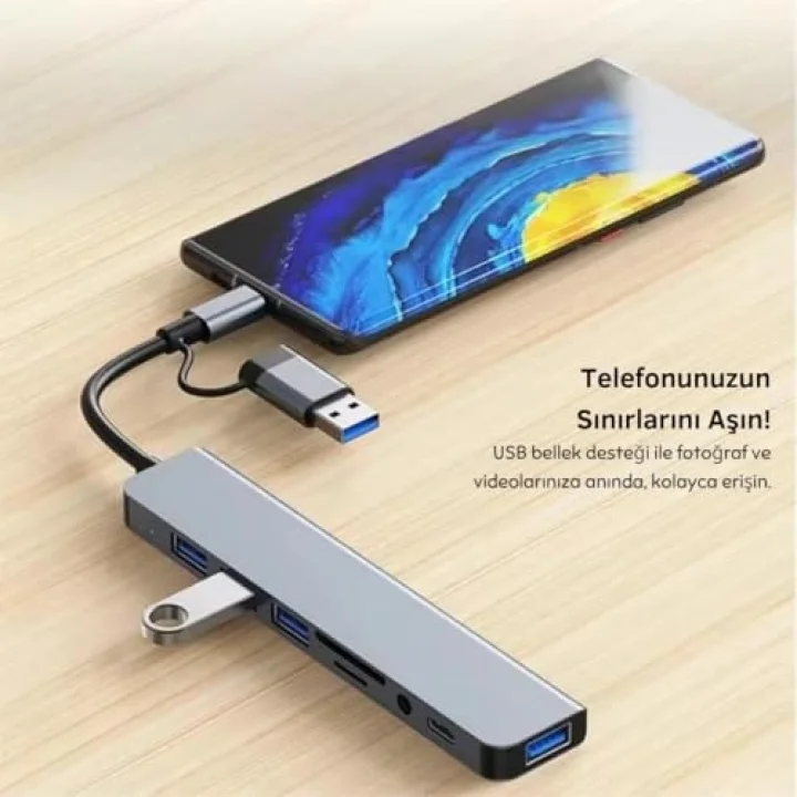 1060 8 in 2 USB-C & USB 3.0 Hub Çoklayıcı USB, Type-C, SD/TF ve Aux Çevirici x USB 3.0: 5Gbps ultra hızlı veri transferi. Klavye, mouse ve yazıcılar için stabil bağlantı.
