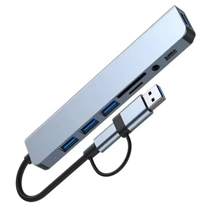 1060 8 in 2 USB-C & USB 3.0 Hub Çoklayıcı USB, Type-C, SD/TF ve Aux Çevirici x USB 3.0: 5Gbps ultra hızlı veri transferi. Klavye, mouse ve yazıcılar için stabil bağlantı.