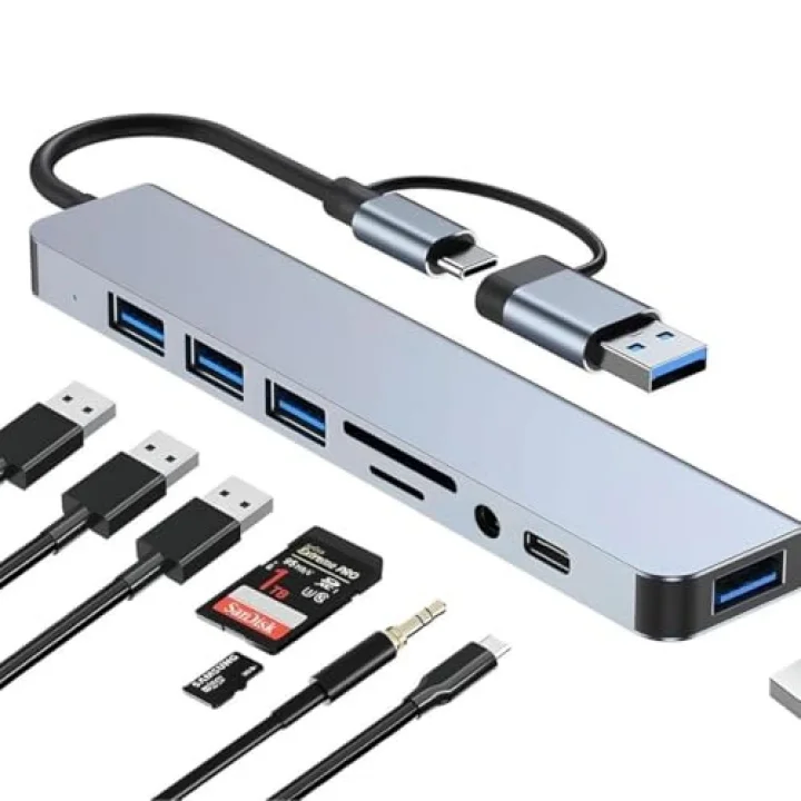 1060 8 in 2 USB-C & USB 3.0 Hub Çoklayıcı USB, Type-C, SD/TF ve Aux Çevirici x USB 3.0: 5Gbps ultra hızlı veri transferi. Klavye, mouse ve yazıcılar için stabil bağlantı.