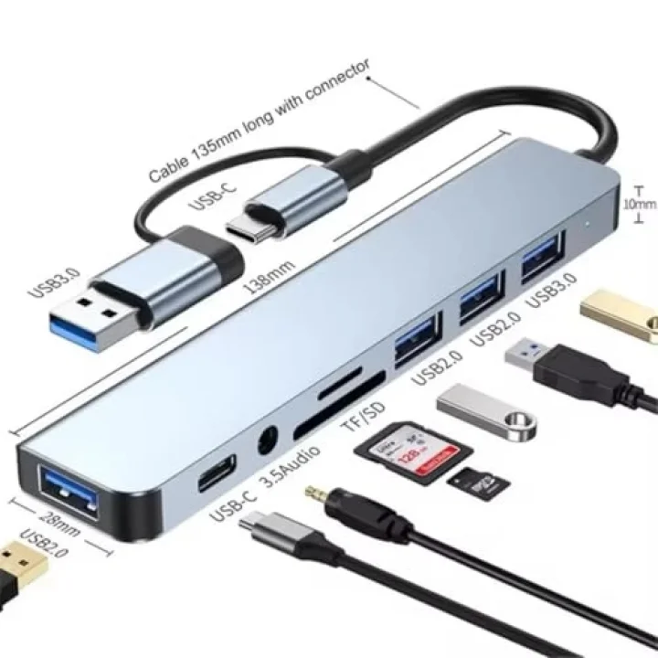 1060 8 in 2 USB-C & USB 3.0 Hub Çoklayıcı USB, Type-C, SD/TF ve Aux Çevirici x USB 3.0: 5Gbps ultra hızlı veri transferi. Klavye, mouse ve yazıcılar için stabil bağlantı.