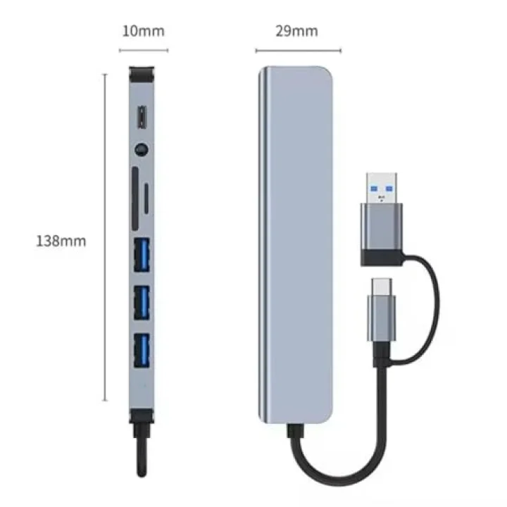 1060 8 in 2 USB-C & USB 3.0 Hub Çoklayıcı USB, Type-C, SD/TF ve Aux Çevirici x USB 3.0: 5Gbps ultra hızlı veri transferi. Klavye, mouse ve yazıcılar için stabil bağlantı.