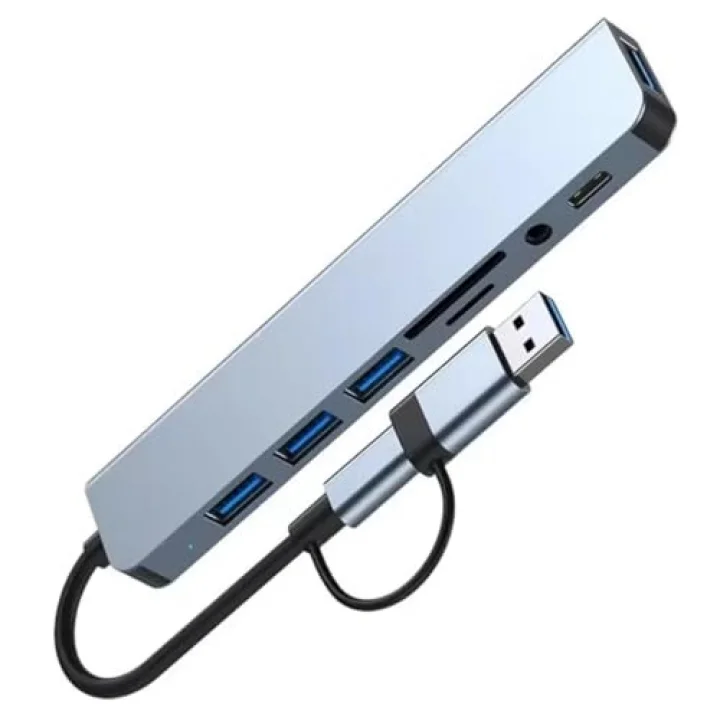 1060 8 in 2 USB-C & USB 3.0 Hub Çoklayıcı USB, Type-C, SD/TF ve Aux Çevirici x USB 3.0: 5Gbps ultra hızlı veri transferi. Klavye, mouse ve yazıcılar için stabil bağlantı.